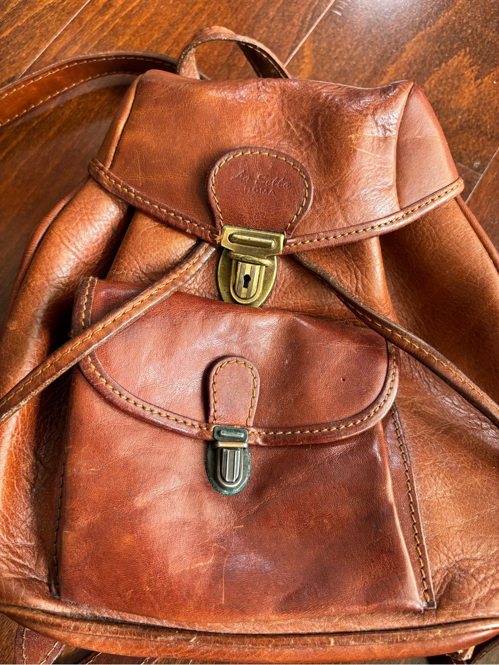 Vintage La Sella Roma Italian Leather Small Backpack Satchel, Drawstring Flap - Picture 3 of 16